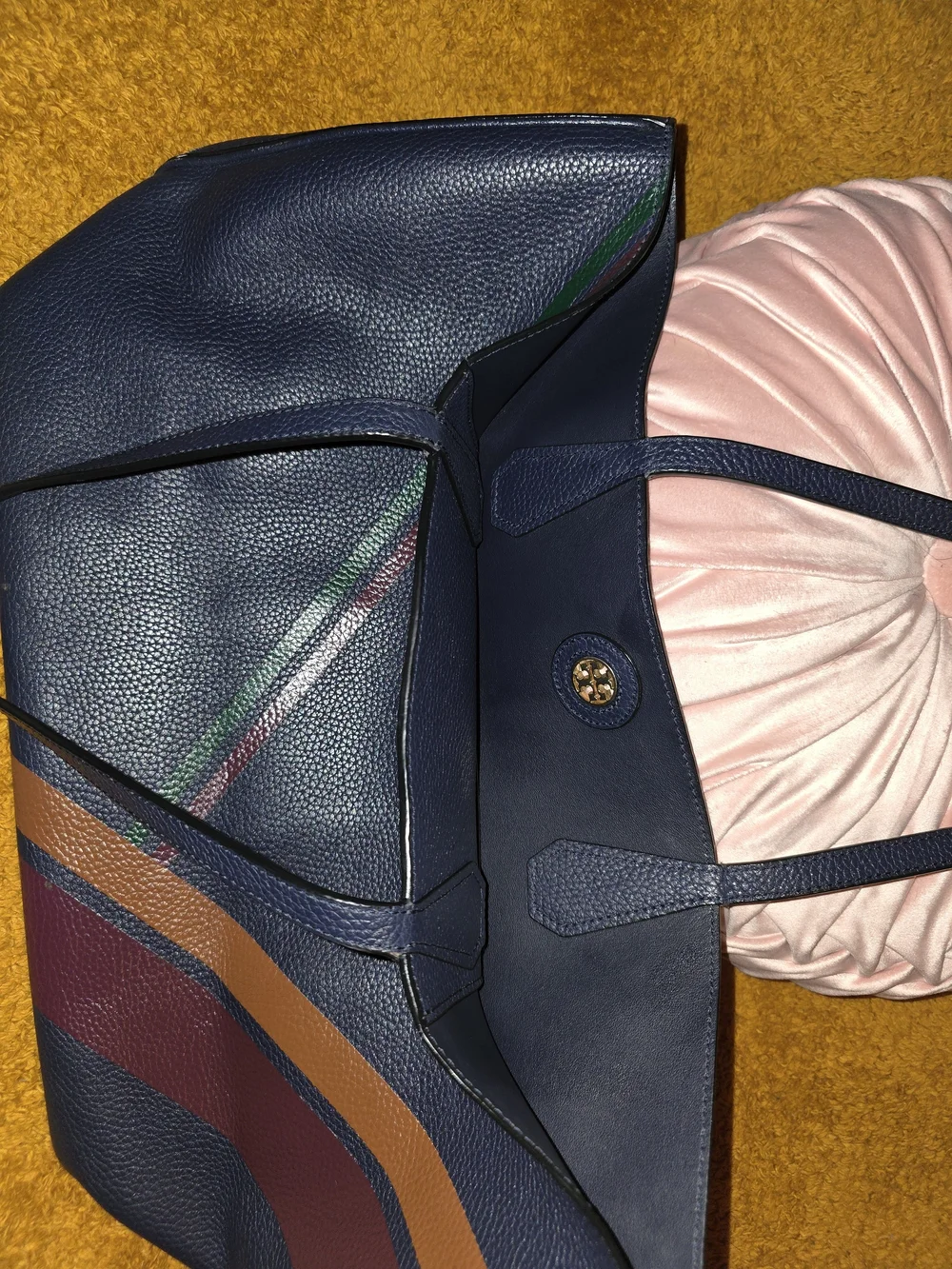 Tory Burch Perry Navy Pebbled Leather Multi-Stripe Tote Bag